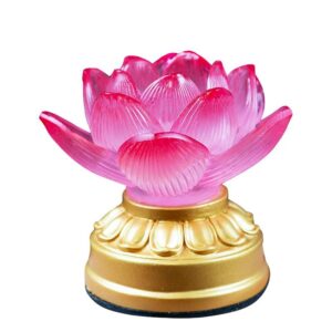 Plug-in or Rechargeable LED Glass Lotus Lamp – Buddhist Altar Light, Handmade Colored Glaze Offering Lamp for Home/Temple Decor, Fine High-clarity Glass Buddha Lamp