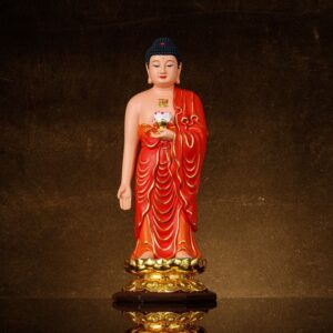 Buddha Statue Solemn Amitabha figurine Buddhist hall Home Decoration Red Gold Painted Standing Amitayus Statuette 16inch/19inch