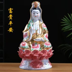 Ceramic Golden Flower Willow Leaf Avalokitesvara Bodhisattva Statue White Porcelain Avalokitesvara sitting Guan yin statuette Buddhist hall Home Decoration