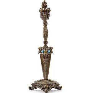 Tibetan Tantric Item copper alloy three sided Puba diamond pestle with base Vajra phurpa Bronze/Golden height 22cm