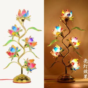 Temples and Buddhist halls offer colorful petals red 5 lotus flowers long-lasting plug-in power lamp burning in front of Buddha Statue