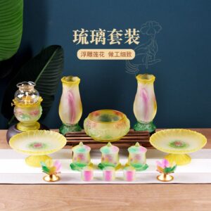 Colored Glaze Offering Set Buddha Item Fruit Plate, Incense Burner, Flower Vase, Candlestick, Lotus Cups, Butter Lamp Buddhist hall Water Cup