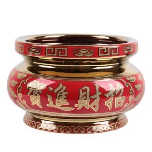 Incense Burner Ceramic Round Stove Household Censer God of Wealth make offerings to Buddha Red golden temple incensory
