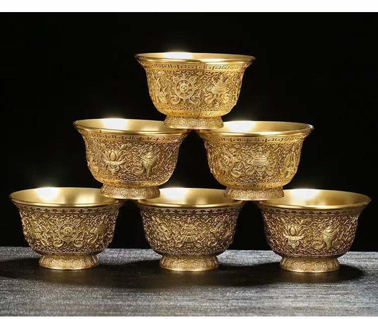 Tibetan Buddhist Copper Holy Water Cup - Offering bowl with Eight Auspicious Symbols