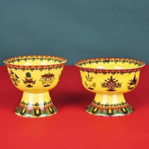 Tibetan Auspicious Eight Treasures Ceramic Tall Cup Tribute Cups Esoteric Buddhism Butter Tea Bowl Tantric Sect Candleholder