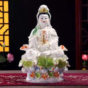 Chinese Buddhism Kwan-yin Sculpture Ceramic Child Guanyin Bodhisattva Statue Worship Household Avalokitesvara figure with Golden Boy and Jade Girl Goddess of Mercy Sitting Lotus Leaf Guan yin Ornament