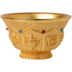 Tibetan Esoteric Buddhism gilded water cup, Buddhist cups, alloy Offering holy water bowls, Eight treasures auspicious family hall for worshipping Buddha temple ornament decoration Om mani padme hum