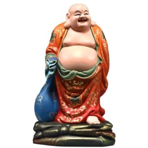 Colorful woodcarved carved Maitreya statue wooden Laughing Buddha ornament wood carving smiling Buddha Statuette family hall living room, entrance decoration crafts opening gifts
