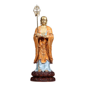 Colored brass statue of Ksitigarbha standing Earth Store Bodhisattva Buddha statuette, Terra-Treasure copper figurine Earth Treasure home decoration ornament for Buddhist hall