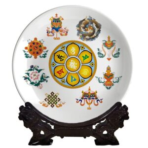 Tibetan Buddhism Eight Treasures Auspicious Ornament Buddha family hall Living Room Home decor, Six words Om mani padme hum Painted Decoration Porcelain Plates