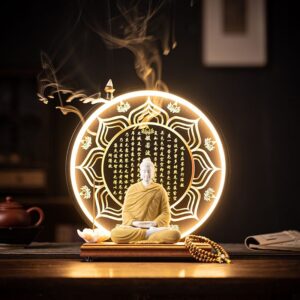 Chinese Zen style Shakyamuni ornaments lamp for home use, living room entrance Ceramic Buddha crafts decoration with Prajnaparamita Heart Sutra glory, Holy Light of Buddha statue, reverse flow incense burner
