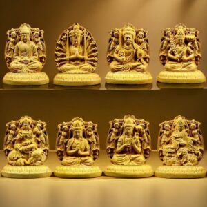 Boxwood figurine natal Buddha Double sided Carving Car Ornament, Twelve Zodiac Guardians Statuette, Vairocana, Acala Fudo Myoo, Vairocana, Amitabha Amitayus, Akashagarbha, thousand-armed, Great Strength Bodhisattva Statue 8cm
