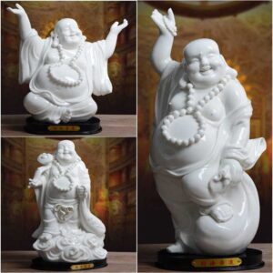 Ceramic Maitreya Buddha statue ornaments, Living room home decoration Business gifts, White porcelain big belly laughing Maitreya Sculpture, Chinese Buddhist Bodhisattva Statuary