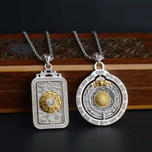 Tibetan Buddhism Retro necklace with six character mantra pendant, Nine Palaces and Eight Diagrams Carry-on objects Fortune is smilling pendant, simple accessory with hanging rope, Om mani padme hum Talisman/ can rotate