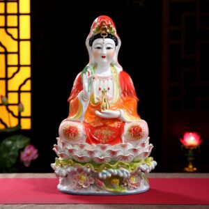 Jade porcelain sitting lotus Guanyin Statue, Ceramic Avalokitesvara statuette, Nanhai Guan yin Bodhisattva Figurine, home decor red/pink Kwan-yin ornament