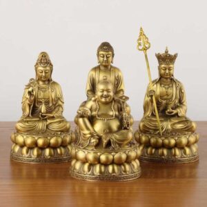 Buddha statue of Avalokitesvara, Shakyamuni, Ksitigarbha, and Maitreya bodhisattva copper statuary Four Sages of Saha World effigy family hall for worshipping Buddhist temple statuette Guanyin figurine monastery ornament