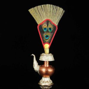 Tibetan Buddhism Benba Pot and Wenba Fan, Sweet dew Bottle with Auspicious Grass peafowl Feather fan, Buddhist Pure Water Bottle, Tantric Sect Kalasha ritual implements kundikā