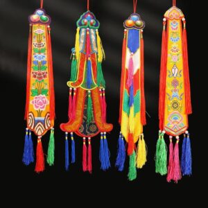 Tibetan Nepalese Embroidery Eight Auspicious Banners, Tantric Decoration streamer temple pataka, tambourine long narrow flag ornament, hand drums Hanging pennant, Lamaism Prayer flag Pendant with tassels