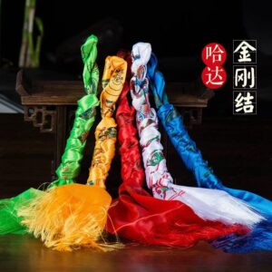 Tibetan Buddhist Vajrayana Hada Vajra Knot Pendant, Eight Auspicious Symbols of Buddhism Safety Knot, Handmade Five Colors Hada Car decorations, Embossed Loong Phoenix Pattern Souvenir ornaments