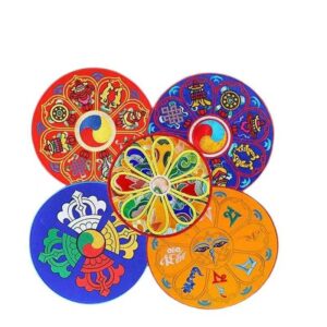 Tibetan Buddhist magic tool ritual implements cloth mat, Nepalese hand embroidered Eight Auspicious Symbols anti slip round Buddha statue mat, Vajra bell pestle wooden knocker ornament vishva-vajra Pad