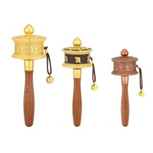 Tibetan Buddhism hand-driven Golden prayer wheel, Wooden Handle Retro Alloy Relief Sutra Rotating Lamaism Mani Wheel ornament