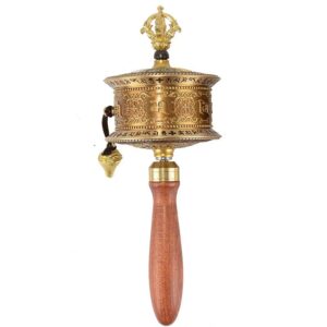 Hand driven prayer wheel Tibetan Lamaism 50000 times six words Buddhist sutras, copper colored Mani Wheel household handicraft ornaments, Six-Character Great Bright Mantra