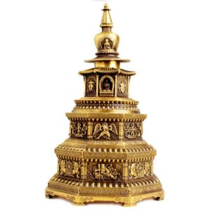 Brass Stupa Ornament Four Heavenly Kings and Eight Treasures Pagoda for Buddhist relics enshrine, Tantric Sect Buddhist apparatus Bodhi Pagoda, Large Prayer Tower rituals utensil of worship