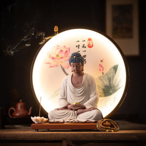 Chinese style Ceramic Shakyamuni Buddha statue, home foyer tabletop one flower one world light circle Zen decoration, Buddhist Statuette with led lamp halo, founder of Buddhism glory ornamnet