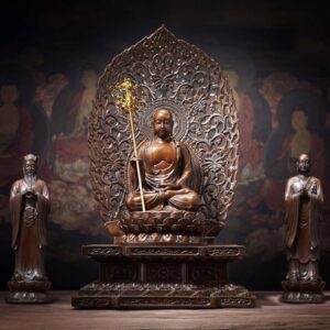 Chinese Buddhism Copper ksitigarbha statue, Earth Store Bodhisattva of Great Vow and flanking Bodhisattva sculptures, Temple Buddha figure Three Saints of Saha home ornament