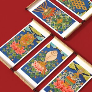 Tibetan Buddhist traditional color painting, auspicious Eight Treasures Tangka, hand drawn and copied patterns fridge magnet Thangka, reel refrigerator magnet 130*70mm