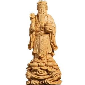 Thuja wooden/boxwood carving/Resin God of fortune figurine bring in wealth and treasure, Solid wood Crafts of Traditional Chinese Folk Taoism lucky Statue, thriving business prosperous wealth ornament, home decor Feng Shui gift