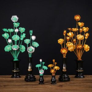 Offering Buddha vases with gilded lotus flowers, Simulation flowers in front of Buddha, handcrafted Guanyin Bodhisattva treasure vases, Temple Buddhist Hall Decoration items
