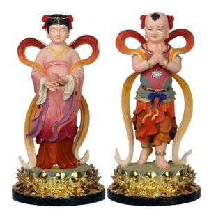 Sudhana disciple of Buddha Statue, Good fortune Boy loong Girl attendants of fairies statuette, golden boy and jade girl around Avalokitesvara Bodhisattva, Home Worship Ornaments