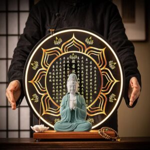 Ceramic Guanyin Bodhisattva figurine, Home living room foyer Zen meditation Kuan Im ornament, Led lotus lamps with adjustment switch, Kuan-shih yin Statues, Kannon Gwan-eum Decoration Reverse flow incense burner