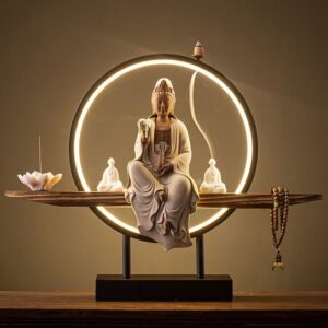Ceramic Guanyin statue, Zen meditation Goddess of Mercy Ornament, Avalokitesvara Figurine with Zen-like lamp ring decoration, reverse flow ‌Incense holder, Zen sense handicrafts